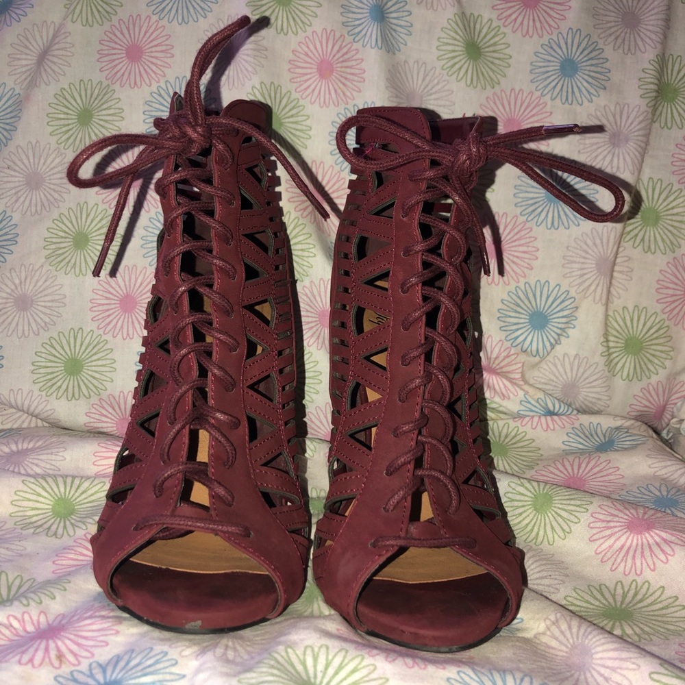 Burgundy lace up heels